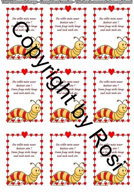 Bogen mit neun identischen Geschenkanhängern: gelb-rot gestreifte Raupe, Herzrahmen und kurzer deutscher Text.