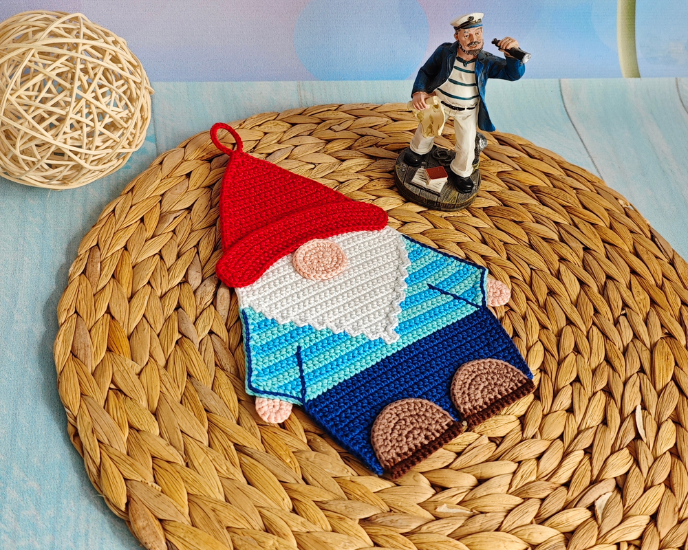 361 Gnome Sea Captain Fisherman decor, washcloth, potholder, table mat - Crochet