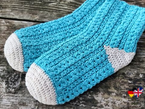 S31 Häkelanleitung für Socken, PDF in Englisch und Deutsch, Baumwollsocken.