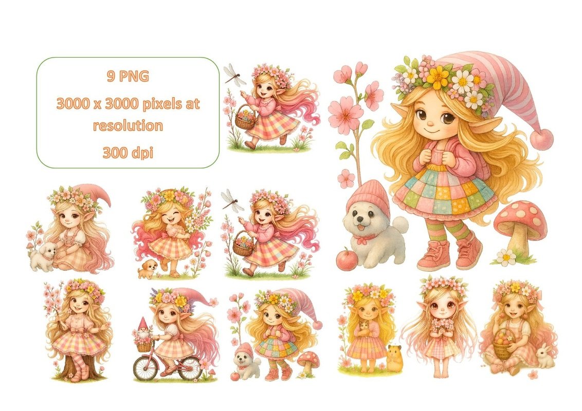 Spring Gnome Girl Clipart Bundle – 9 PNG Cute Elf Gnome Characters