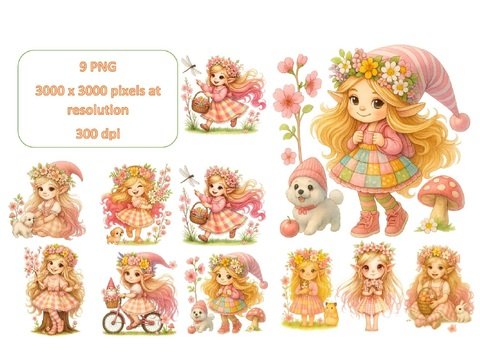Spring Gnome Girl Clipart Bundle – 9 PNG Cute Elf Gnome Characters