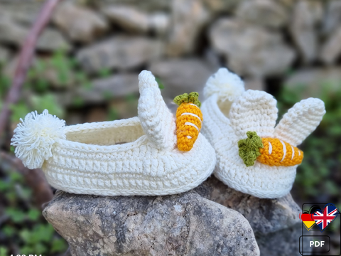 S.19 Häkelanleitung für Babyschuhe „Häschen“. PDF auf Englisch und Deuts
