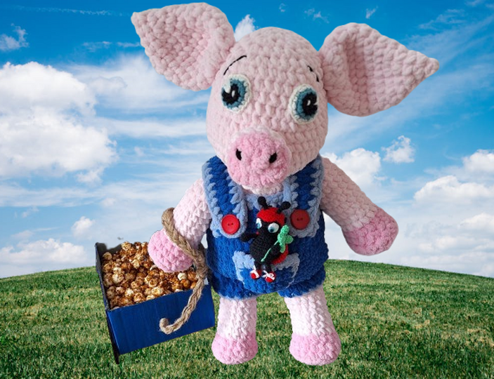 Großes Kuschelschwein häkeln – ca. 55 cm, mit Marienkäfer (DE & EN)
