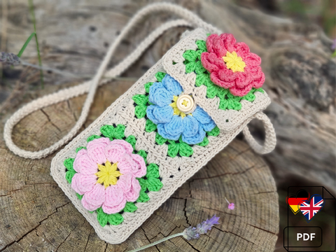 T15 Handytasche im Granny-Square-Stil. PDF auf Englisch und Deutsch.