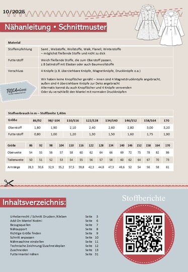 Kindermantel Noémi Gr. 86 - 170 Schnittmuster zum Nähen