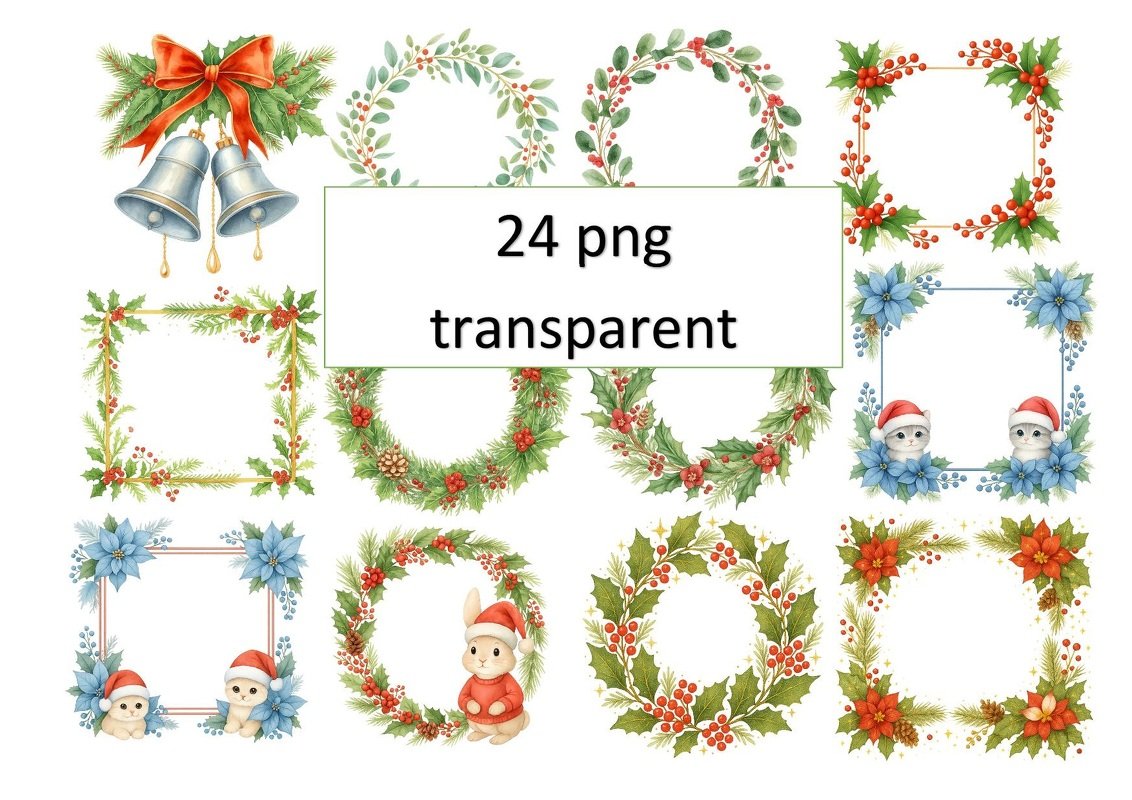 Christmas Wreaths &amp; Frames Clipart Set – 24 PNG Transparent Illustrations