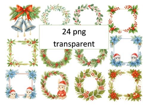 Christmas Wreaths & Frames Clipart Set – 24 PNG Transparent Illustrations