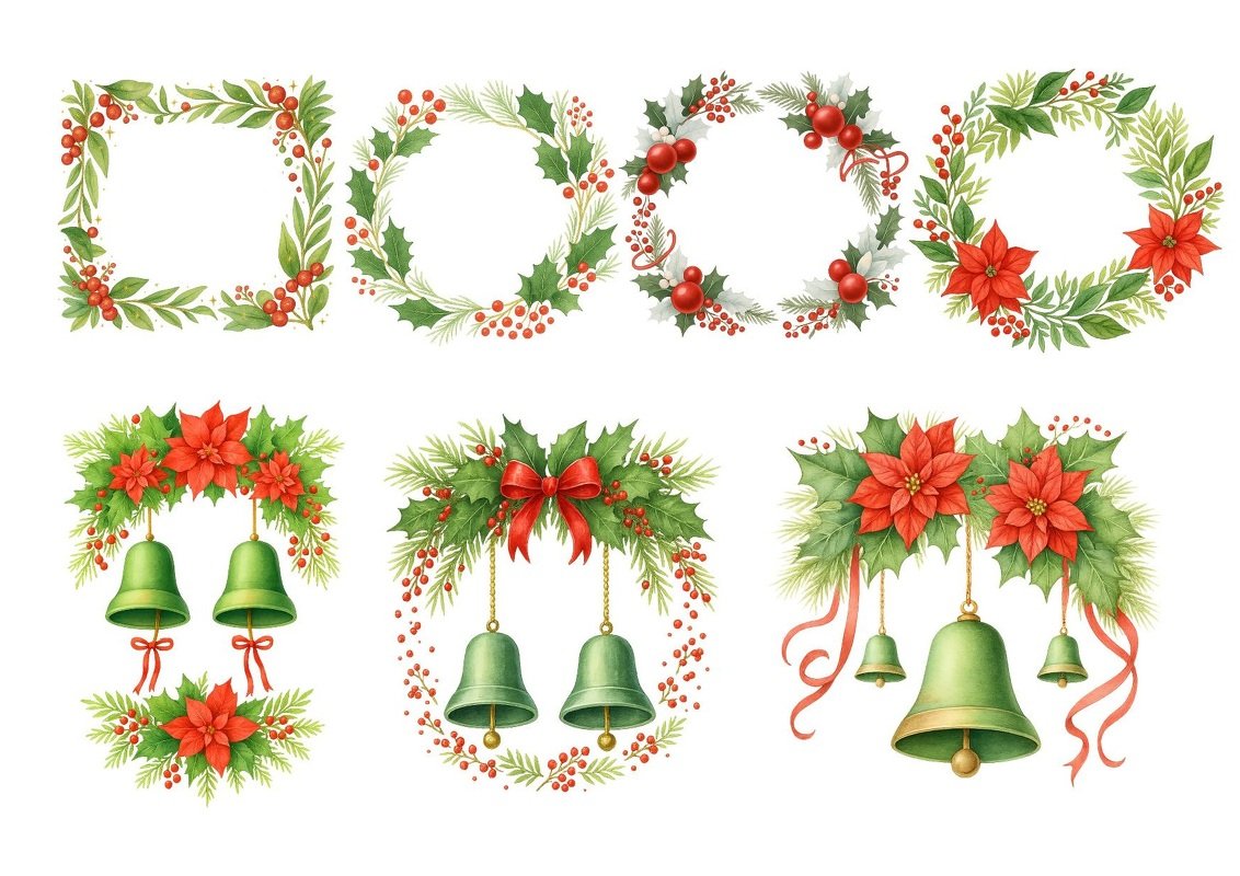 Christmas Wreaths & Frames Clipart Set – 24 PNG Transparent Illustrations - Image 5