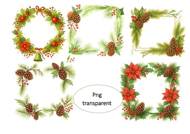 Christmas Wreaths & Frames Clipart Set – 24 PNG Transparent Illustrations