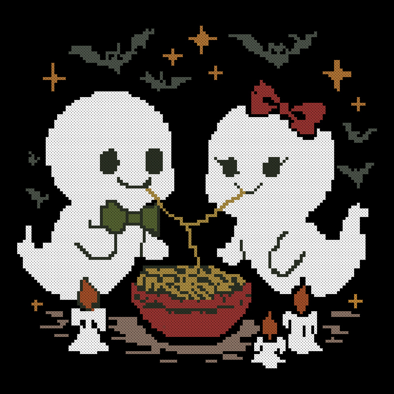 Cute Halloween Ghost Couple Cross Stitch Pattern – Baby Ghosts Eating