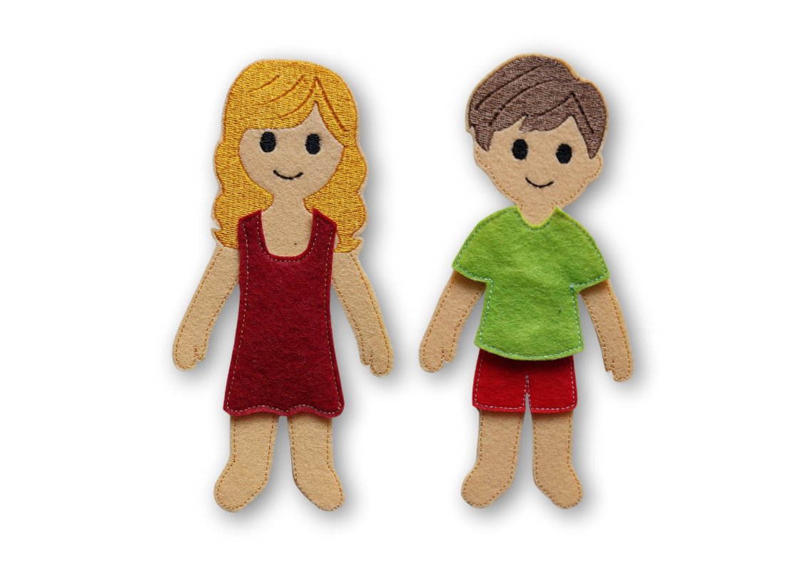 Stickdatei Anziehpuppe M&auml;dchen und Junge auf Filz in drei Gr&ouml;&szlig;en