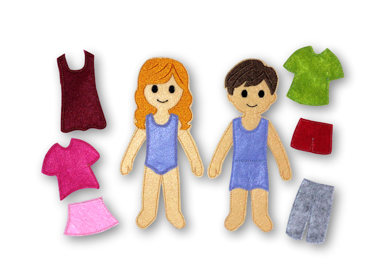 Stickdatei Anziehpuppe M&auml;dchen und Junge auf Filz in drei Gr&ouml;&szlig;en
