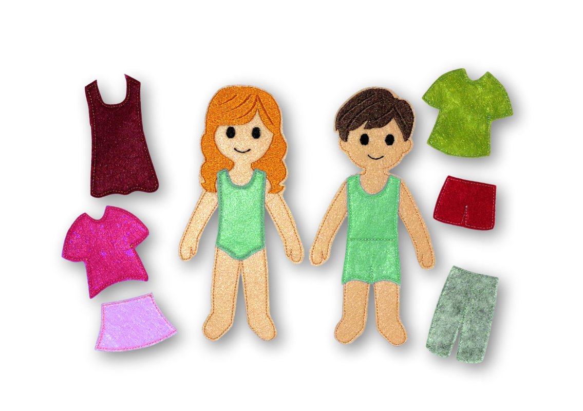 Stickdatei Anziehpuppe Mädchen und Junge auf Filz in zwei Größen