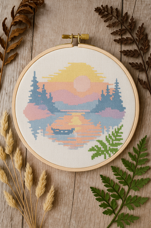 Pastel Sunset Lake Cross Stitch Pattern | Peaceful Landscape Embroidery PDF