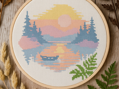 Pastel Sunset Lake Cross Stitch Pattern | Peaceful Landscape Embroidery PDF