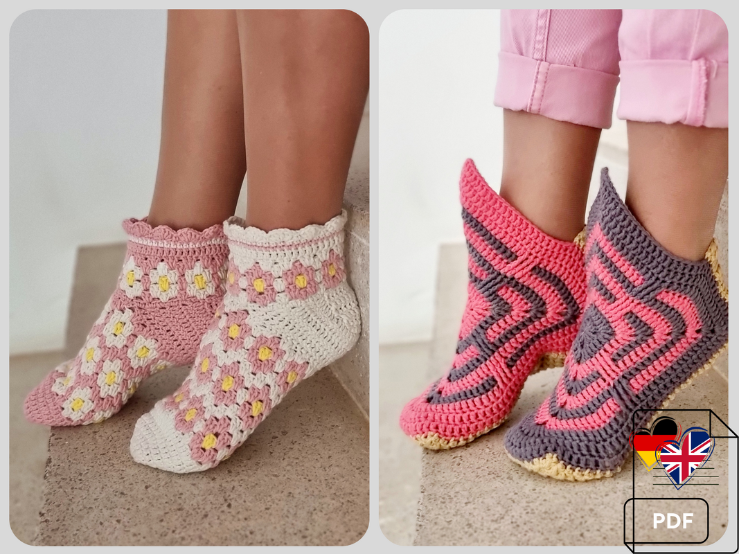 Häkelanleitung-Baumwollsocken  und Hausschuhe – 2 Anleitungen PDF(EN/DE)