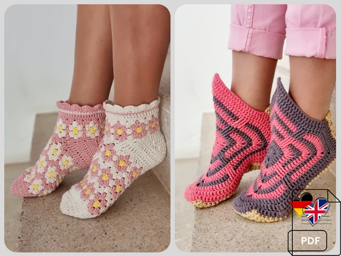 Häkelanleitung-Baumwollsocken  und Hausschuhe – 2 Anleitungen PDF(EN/DE)
