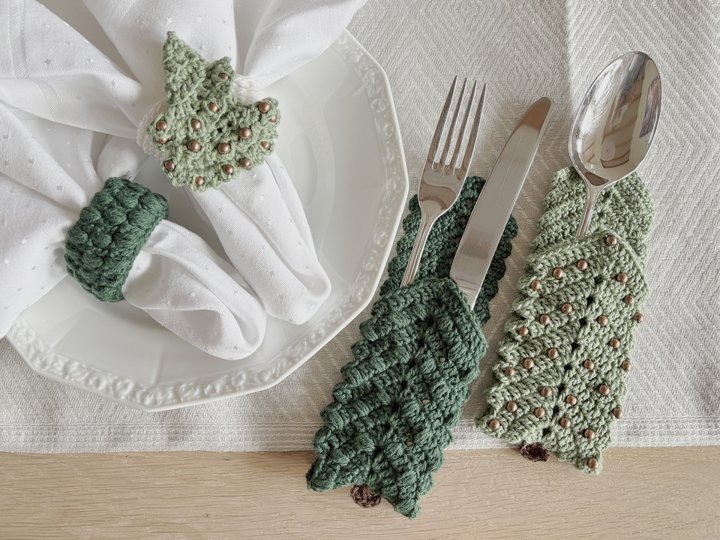 Bestecktasche + Serviettenring Tannenbaum, Tischdeko Weihnachtstisch