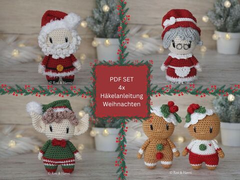 4x Häkelanleitung SET Weihnachten - Mr & Mrs Claus, Wichtel & Lebkuchenmann