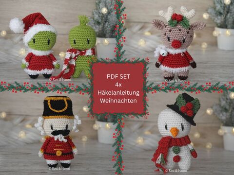 4x Häkelanleitung SET Weihnachten - Muffel, Rentier, Nussknacker,Schneemann