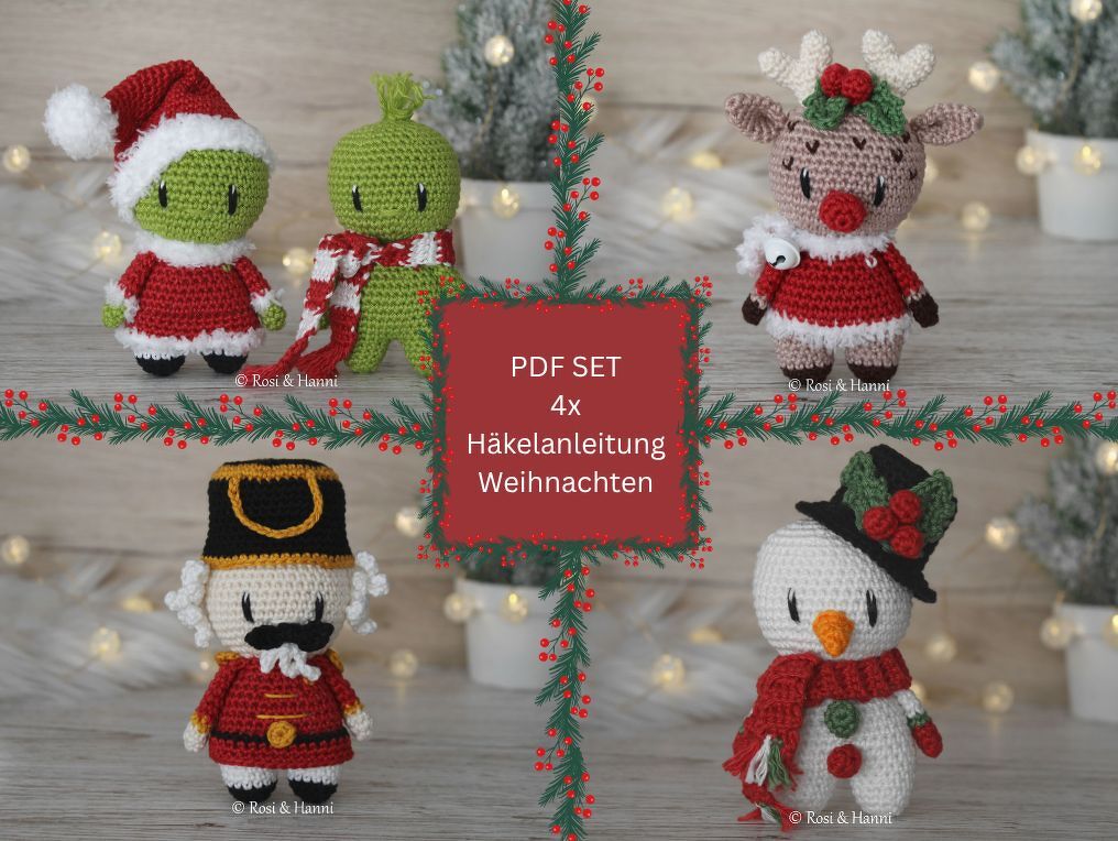 4x Häkelanleitung SET Weihnachten - Muffel, Rentier, Nussknacker,Schneemann