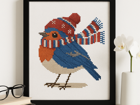 Winter Robin Cross Stitch Pattern – Cute Bird in Knit Hat and Scarf