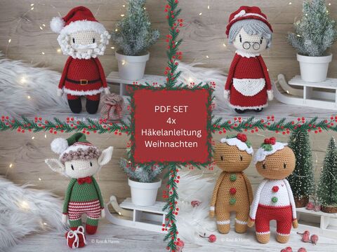 4x Häkelanleitung SET Weihnachten - Mr & Mrs Claus, Elf & Lebkuchenmann