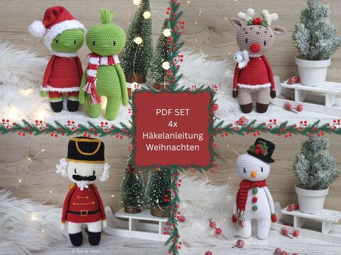 4x Häkelanleitung SET Weihnachten - Muffel, Rentier, Nussknacker,Schneemann
