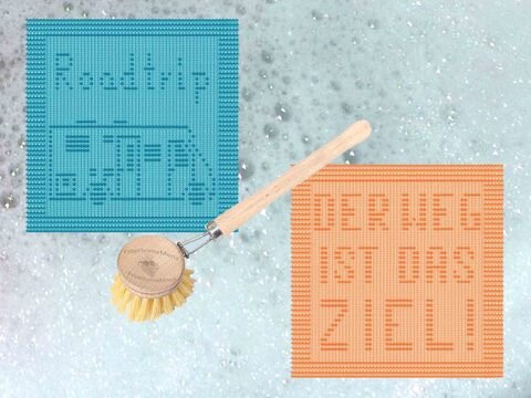 Strickmotiv „Wohnmobil“+„DER WEG IST DAS ZIEL“ Deckchen Spültuch Serviette