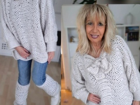 ZigZag Pullover - Häkelset, Wendepulli inkl. Overknee-Stulpen