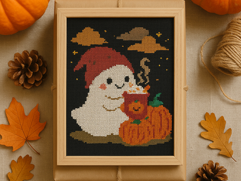 Cute Ghost on Pumpkin Cross Stitch Pattern – Halloween Cozy Latte Embroider