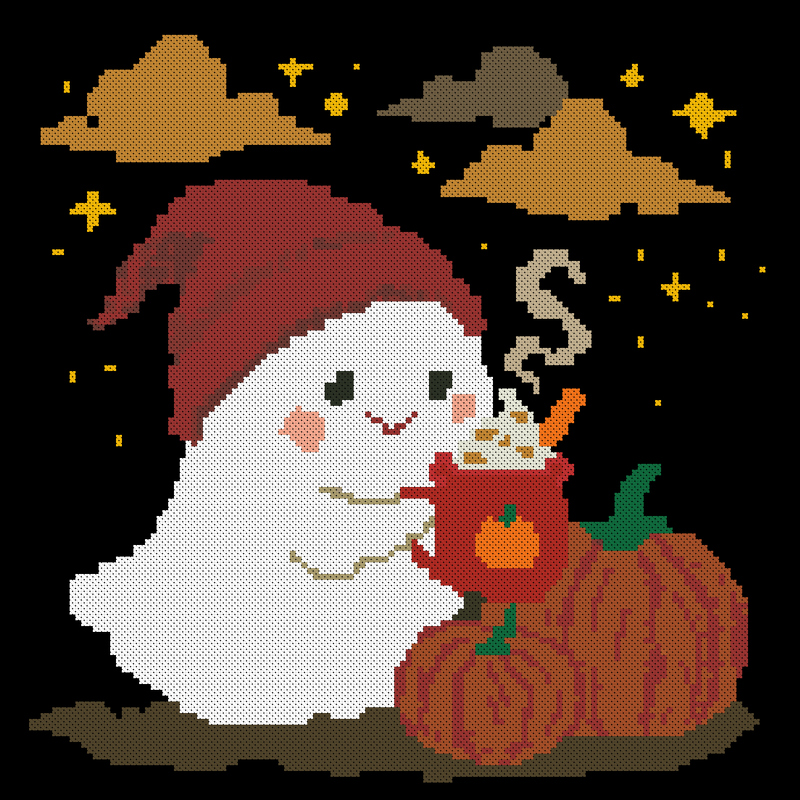 Cute Ghost on Pumpkin Cross Stitch Pattern – Halloween Cozy Latte Embroider