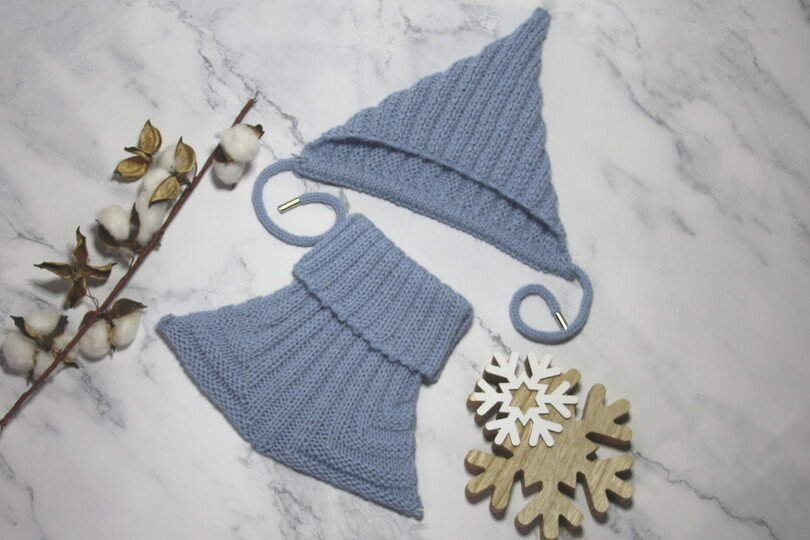 Bonnet hat/with collar scarf with cross ribs and lengthwise rib No. 010