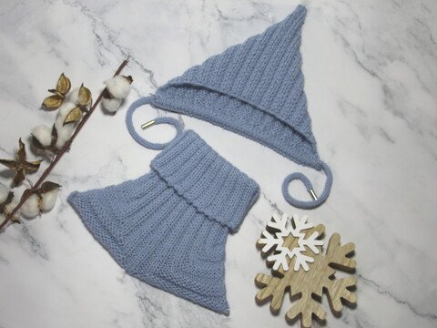 Mütze und Schal Set in ”Alpaca” mit Querrippen und Längsrippen No. 010