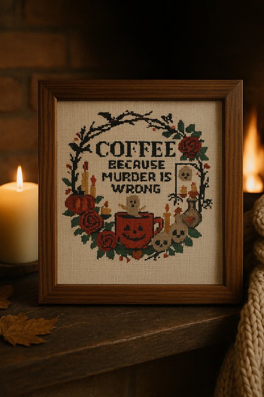 Coffee Because Murder Is Wrong – Halloween Cross Stitch Pattern | Cozy Fall
