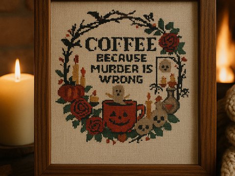 Coffee Because Murder Is Wrong – Halloween Cross Stitch Pattern | Cozy Fall