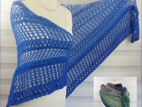 Crochet pattern for the happy time shawl, a light and airy triangular shawl