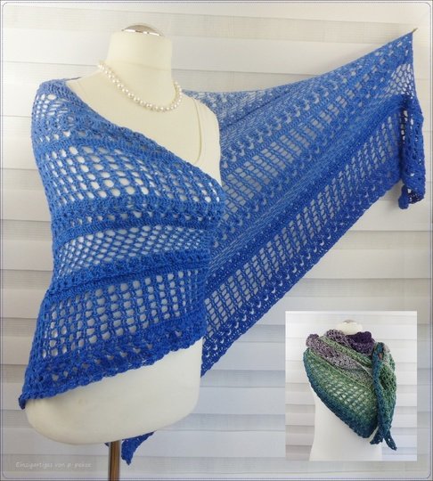 Crochet pattern for the happy time shawl, a light and airy triangular shawl