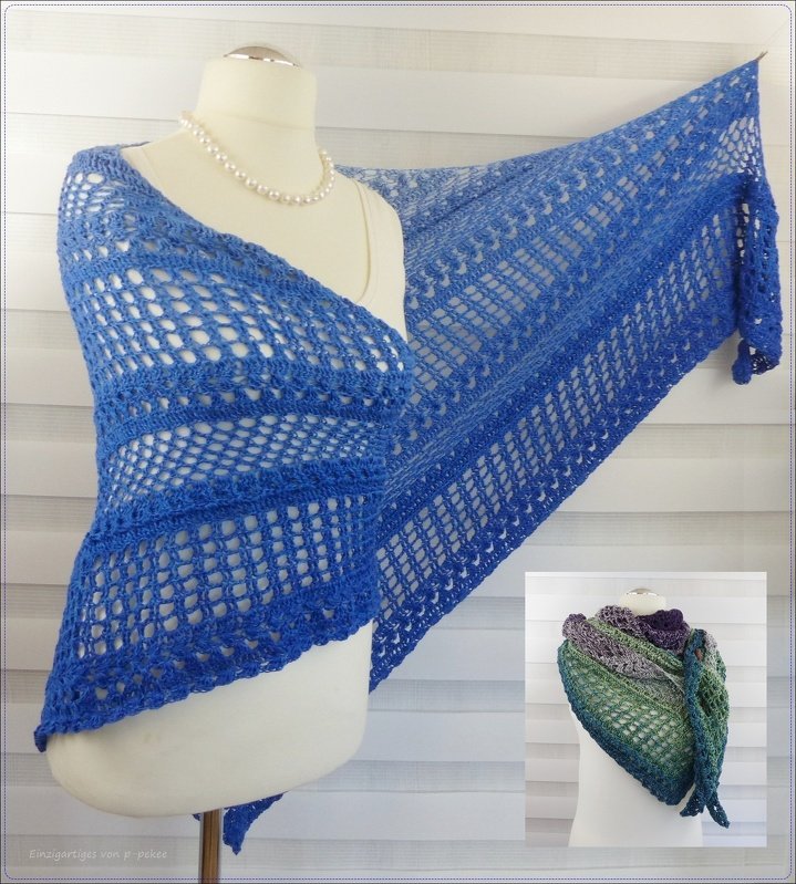 Crochet pattern for the happy time shawl, a light and airy triangular shawl