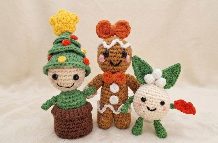 Drei gehäkelte Amigurumi zu Weihnachten: Tannenbaum im Topf, Lebkuchenmännchen mit Schleife und Mistel-Kugel