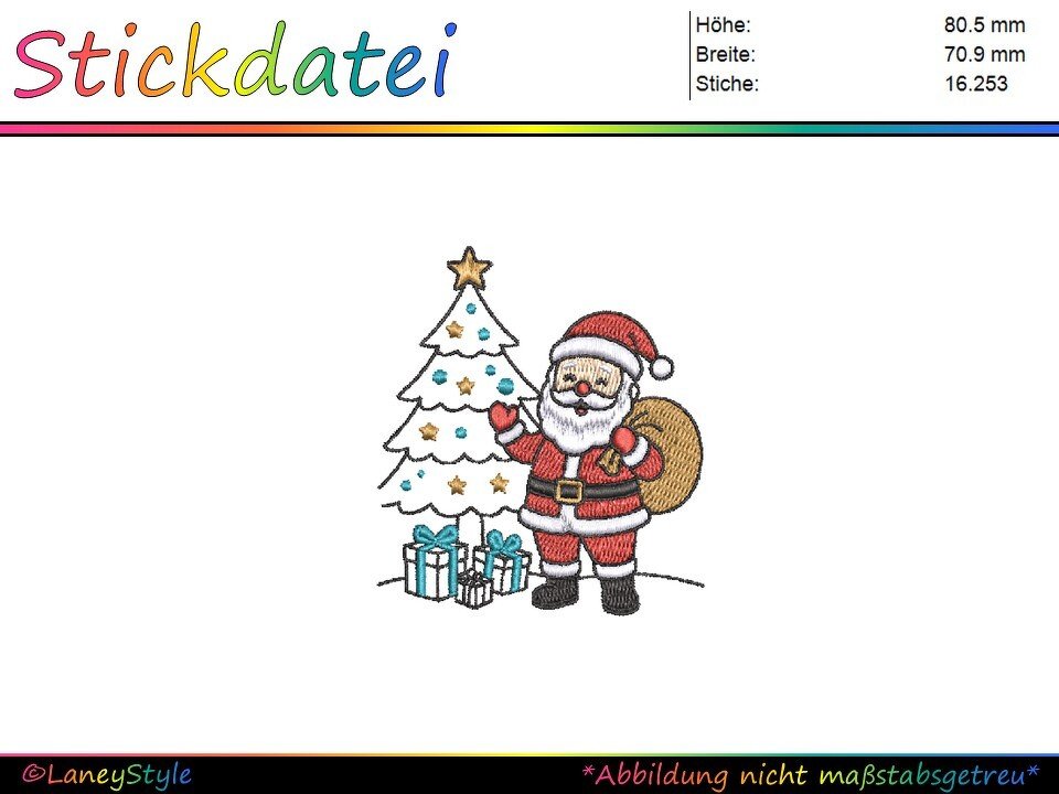 Weihnachtsmann mit Sack, geschmücktem Tannenbaum und Geschenkpaketen