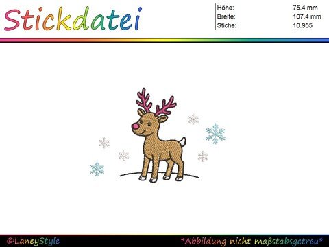 Stickmotiv Rentier mit Schneeflocken