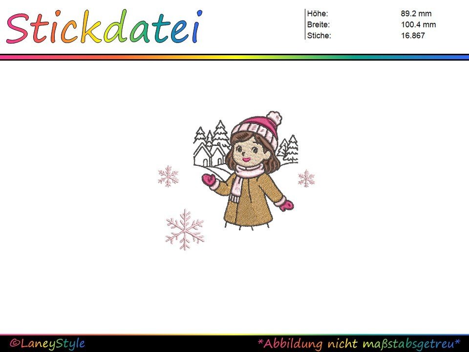 Stickdatei: Mädchen im beigefarbenen Wintermantel mit rosa Mütze, Schal und Handschuhen, umgeben von stilisierten Tannenbäumen, Häusern und Schneeflocken