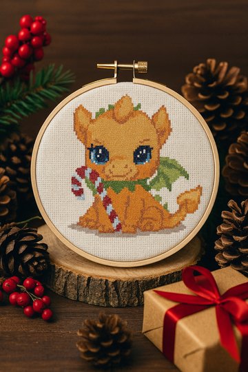 Dragon Cross Stitch Pattern • Cute Baby Dragon with Candy Cane