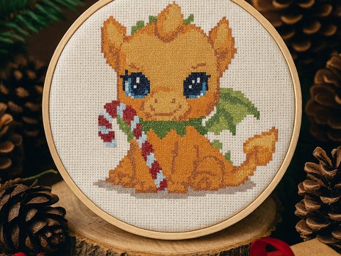 Dragon Cross Stitch Pattern • Cute Baby Dragon with Candy Cane