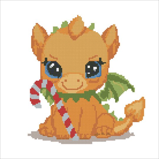 Dragon Cross Stitch Pattern • Cute Baby Dragon with Candy Cane