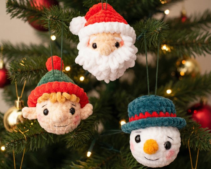 Crochet Christmas Ornaments Pattern Set – Santa Claus, Elf & Snowman