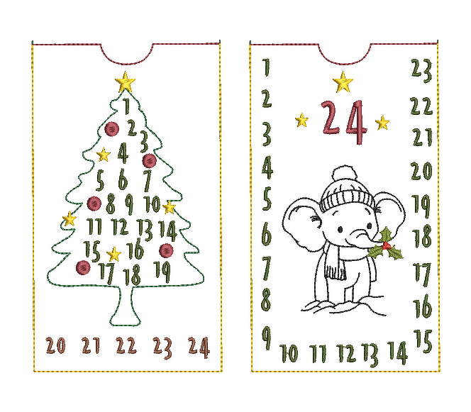Zwei ITH-Stickdateien für Adventskalender: Weihnachtsbaum mit Zahlen 1–24 und Elefant mit der Nummer 24