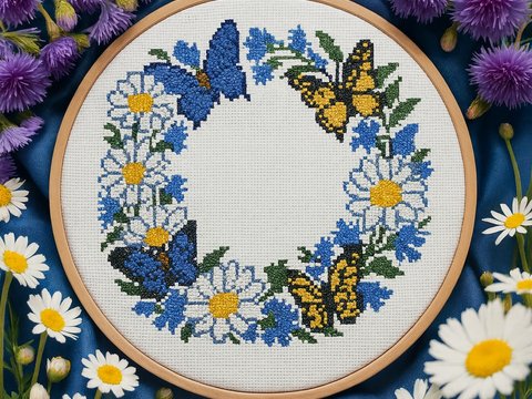 Daisy & Cornflower Butterfly Wreath Cross Stitch Pattern | 250x250 Floral