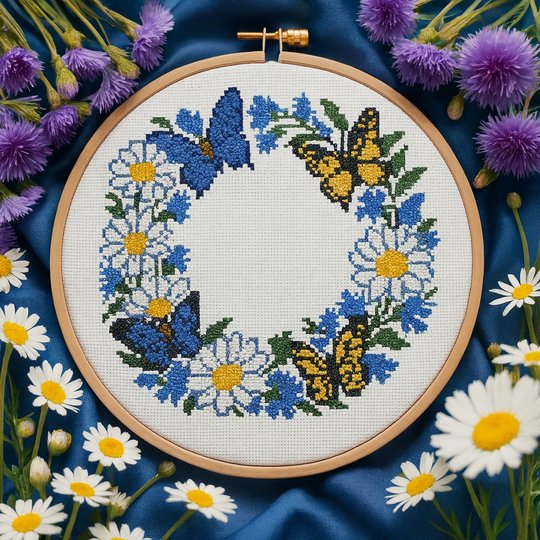 Daisy & Cornflower Butterfly Wreath Cross Stitch Pattern | 250x250 Floral